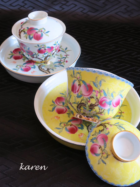 二才蓋碗＆茶盤セット「蟠桃と蝙蝠／黄」【ご予約受付中】 3