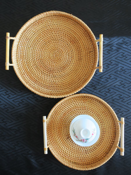 中国茶道具「籐のハンドル付丸盆／小」 4